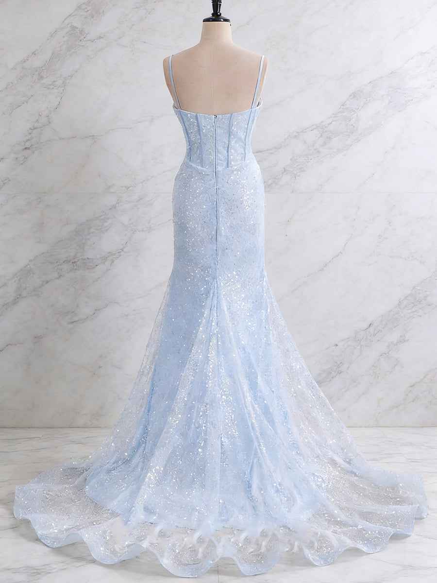 Light Blue Spaghetti Straps Mermaid Long Prom Dress with Beading