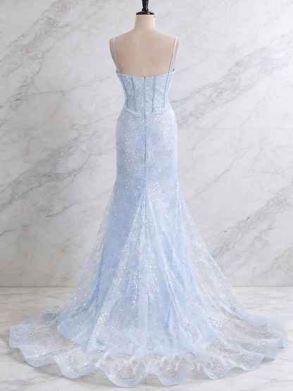 Light Blue Spaghetti Straps Mermaid Long Prom Dress with Beading