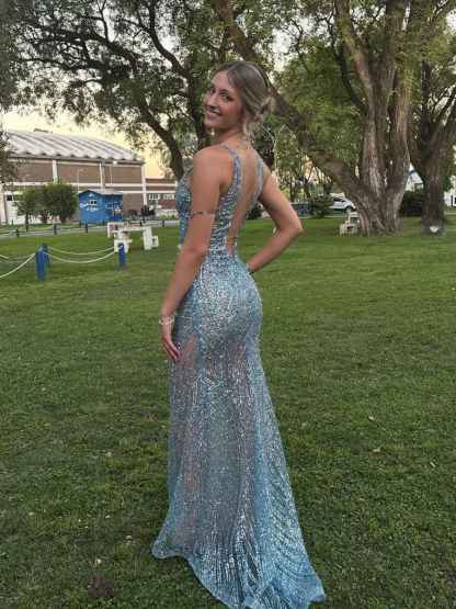 Light Blue Patterned Sequin Deep V-Neck Long Prom Dress