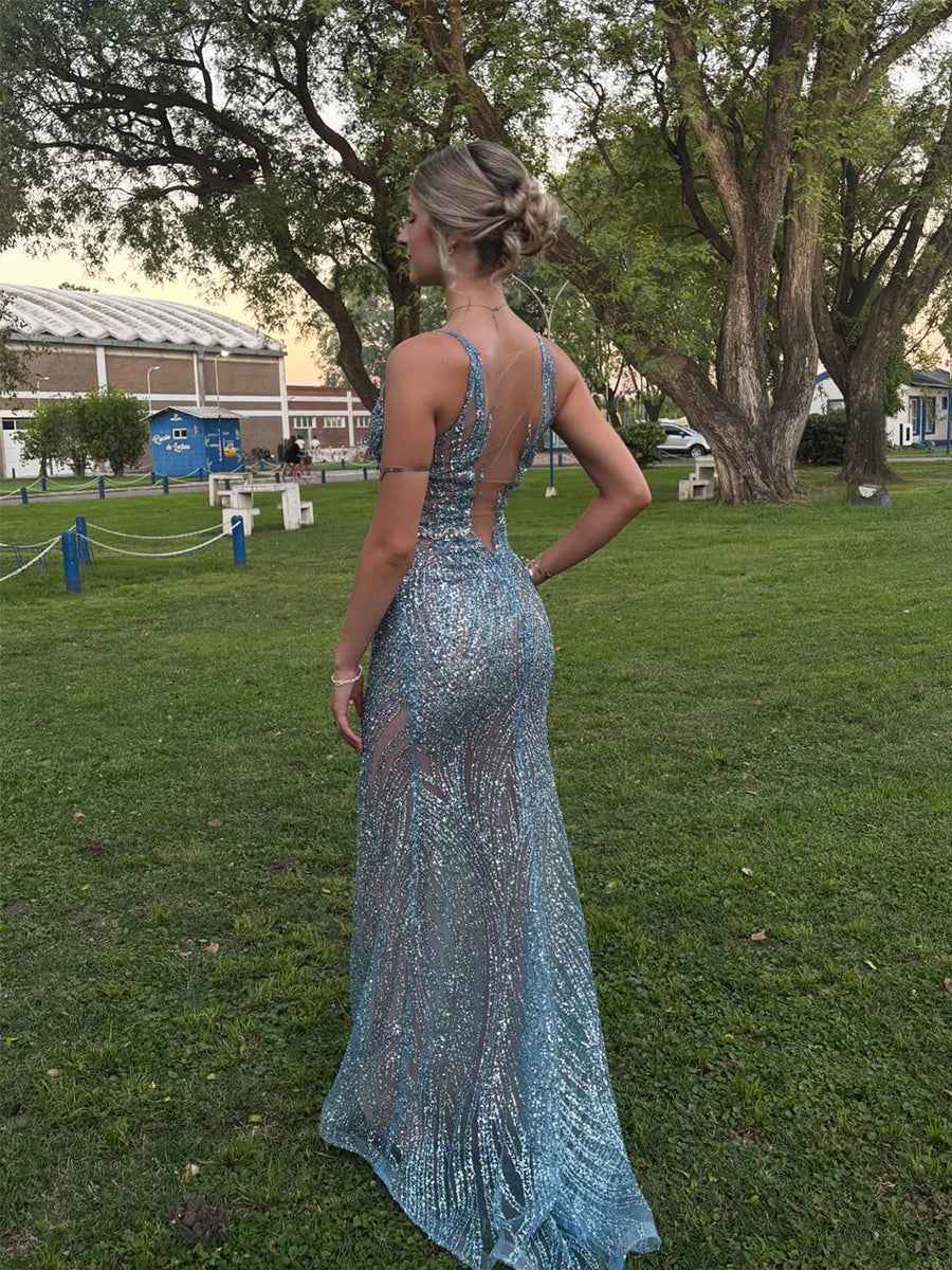 Light Blue Patterned Sequin Deep V-Neck Long Prom Dress