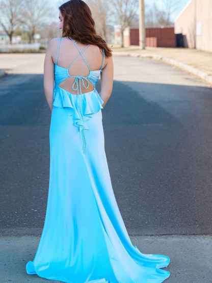 Light Blue Ruffle Bodice Satin Prom Dress with Slit