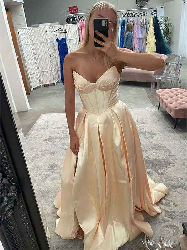 Light Blue Satin Corset A-Line Long Prom Dress with Slit
