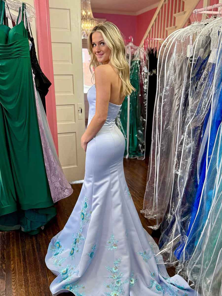 Light Blue Satin Floral Embroidered Hem Mermaid Prom Dress