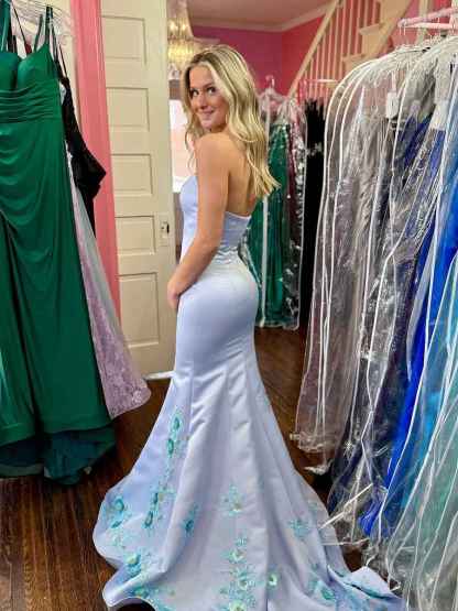 Light Blue Satin Floral Embroidered Hem Mermaid Prom Dress