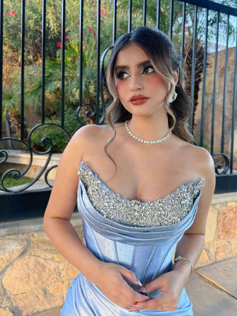 Light Blue Shimmer Heavy Crystal Neckline Corset Prom Dress with High Slit