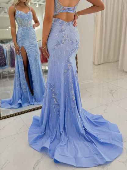 Light Blue Spaghetti Straps Beaded Corset Prom Dress with Slit