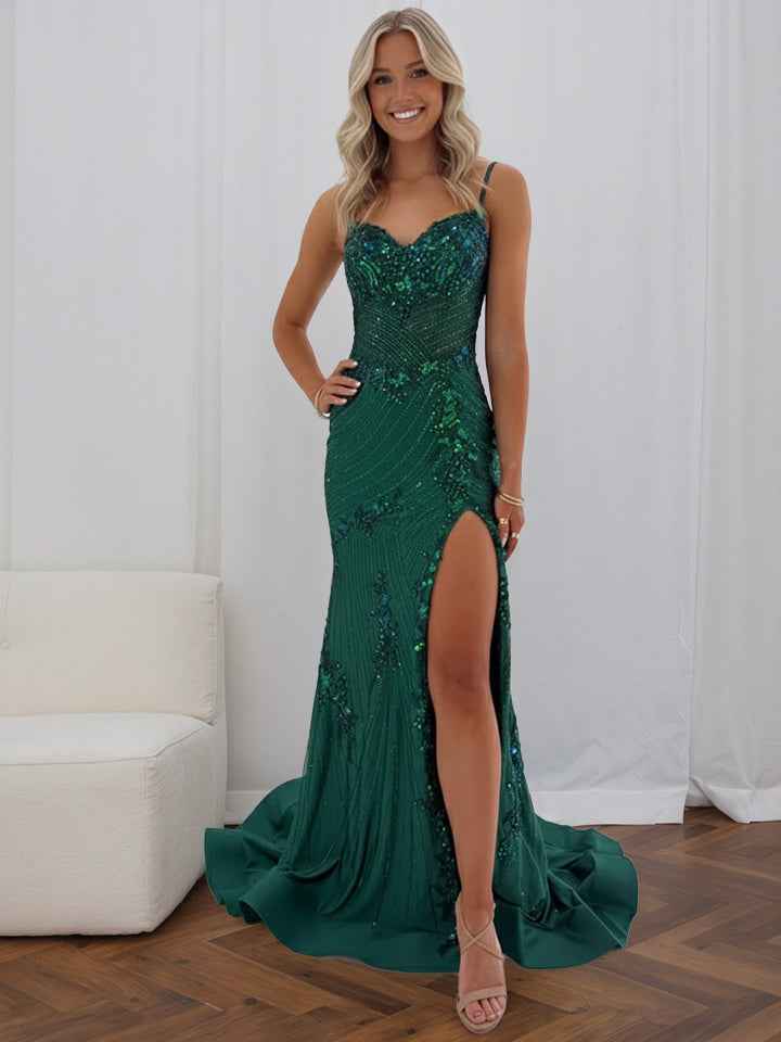 Light Blue Spaghetti Straps Beaded Long Corset Prom Dress with Slit