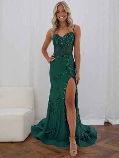 Light Blue Spaghetti Straps Beaded Long Corset Prom Dress with Slit