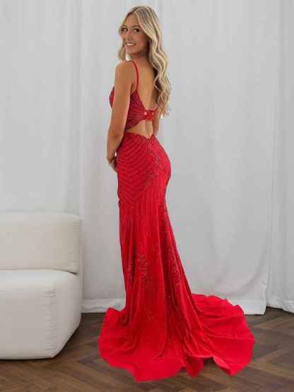 Light Blue Spaghetti Straps Beaded Long Corset Prom Dress with Slit