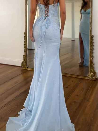 Light Blue Spaghetti Straps Lace-Up Corset Prom Dress with Slit