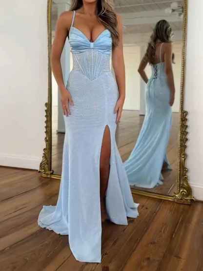 Light Blue Spaghetti Straps Lace-Up Corset Prom Dress with Slit