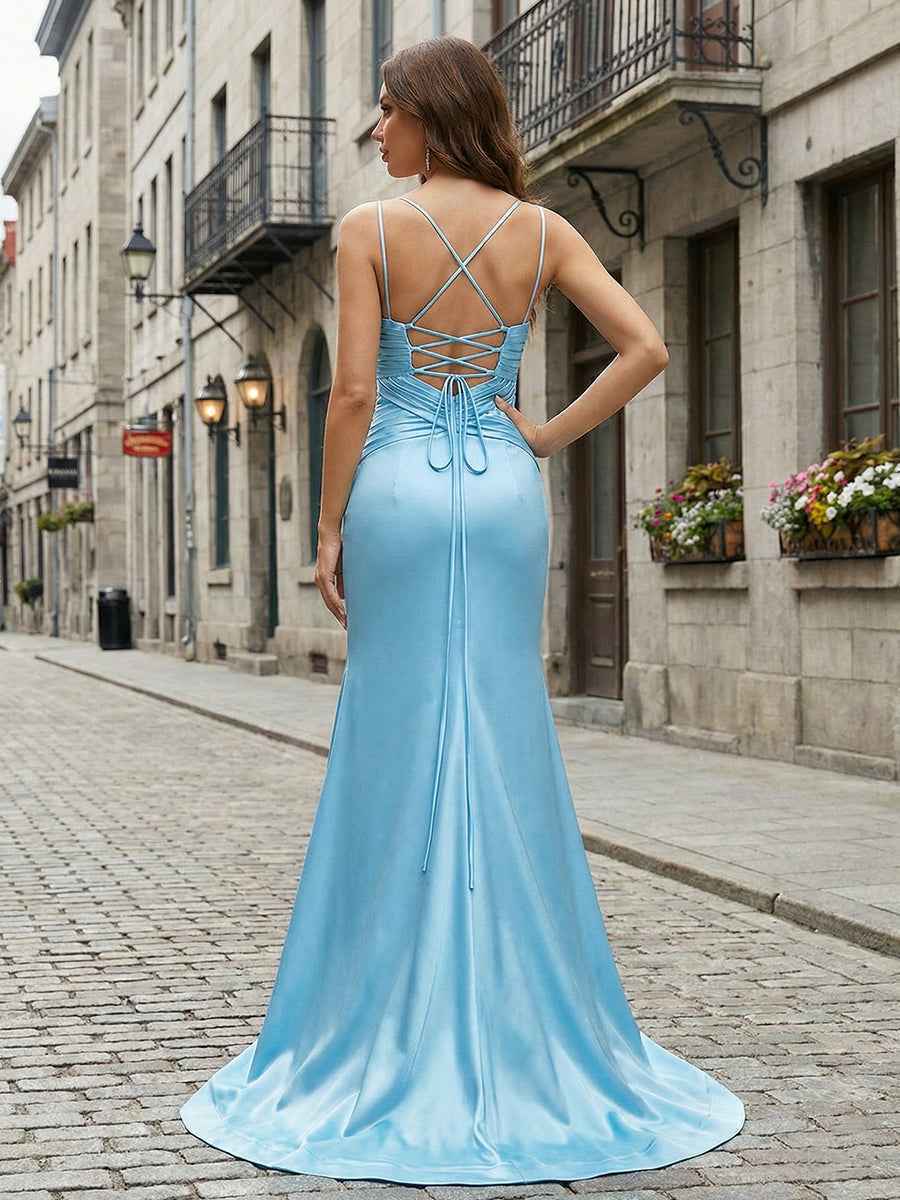 Light Blue Spaghetti Straps Satin Cutout Long Prom Dress with Bow