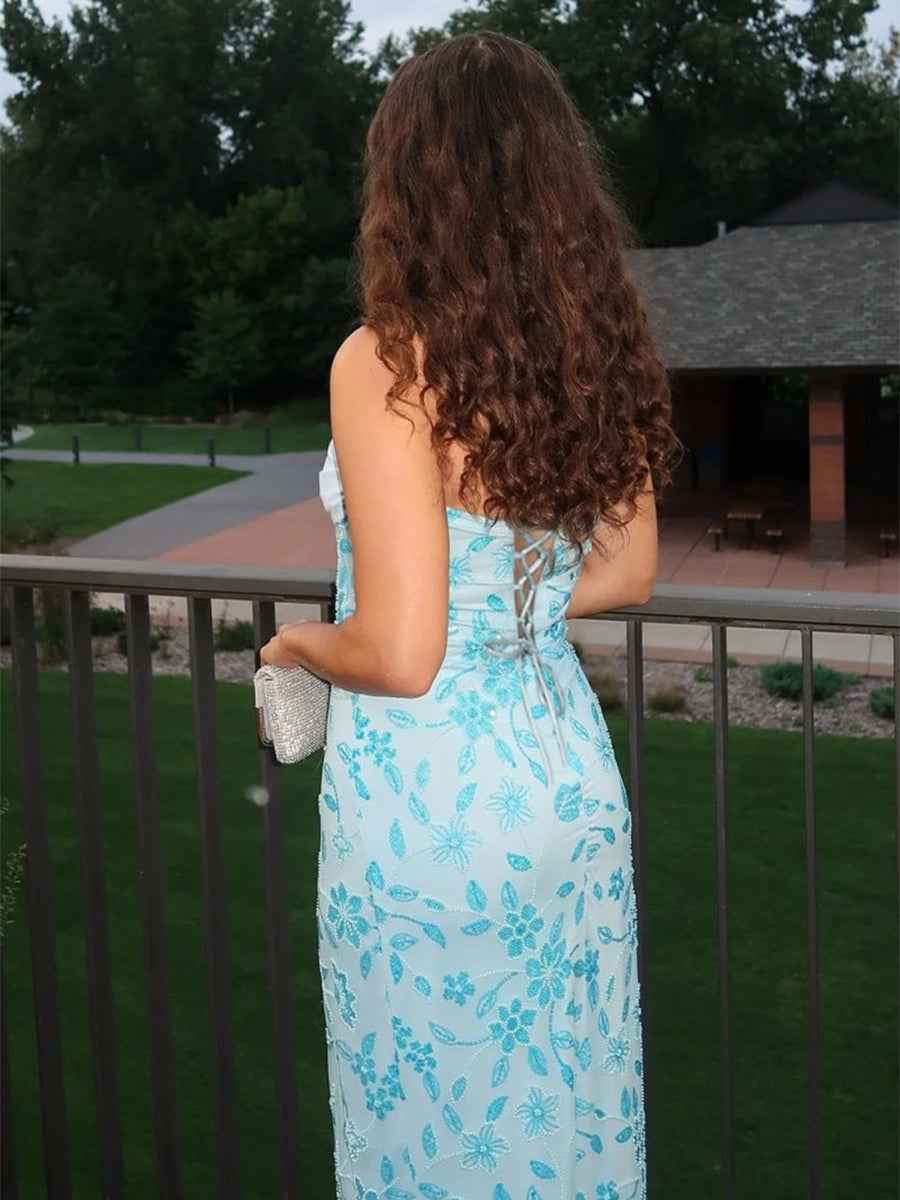 Light Blue Strapless Floral Beaded Prom Dress with Corset Back