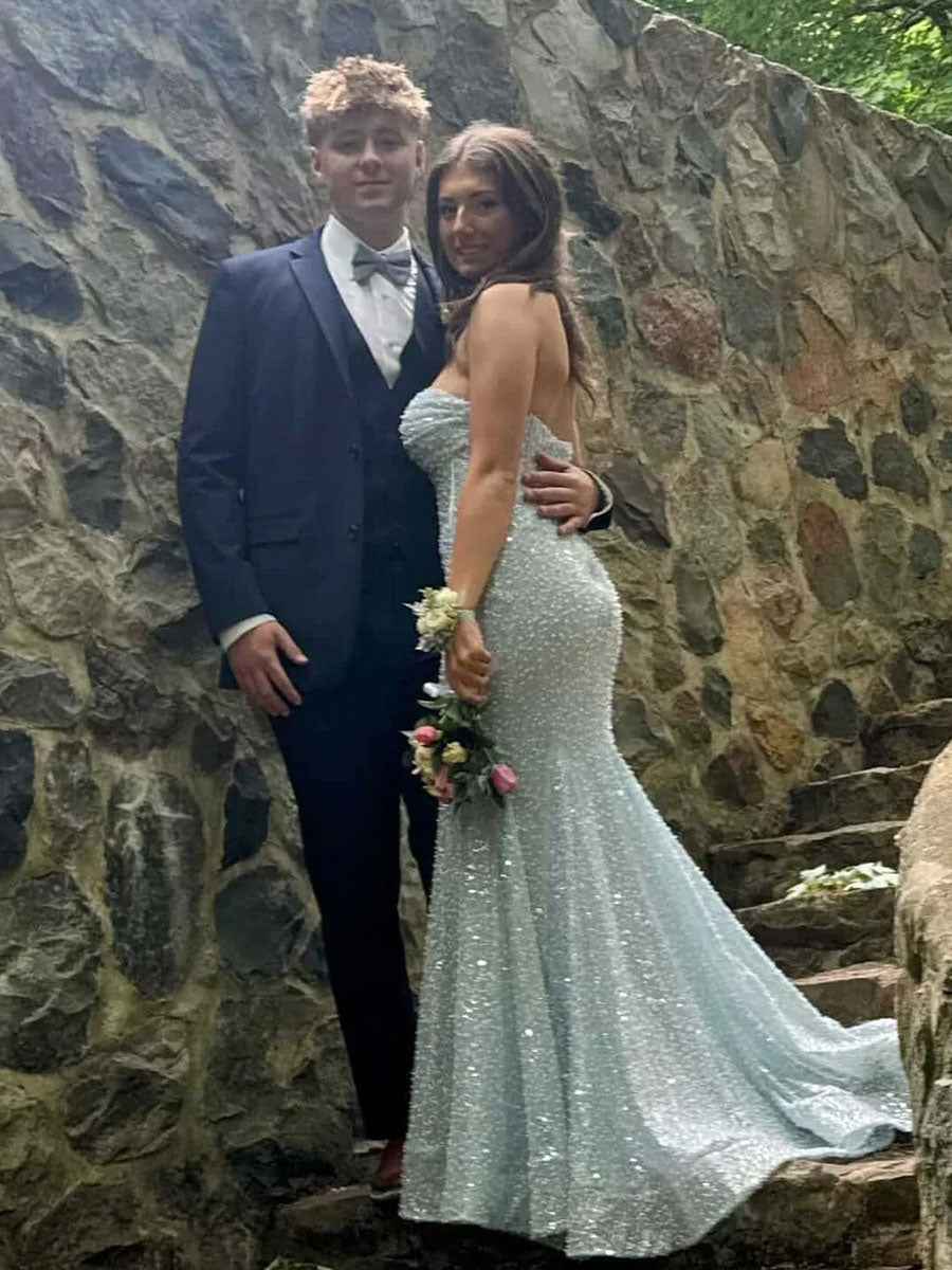 Light Blue Strapless Mermaid Long Prom Dress with Crystal Beading