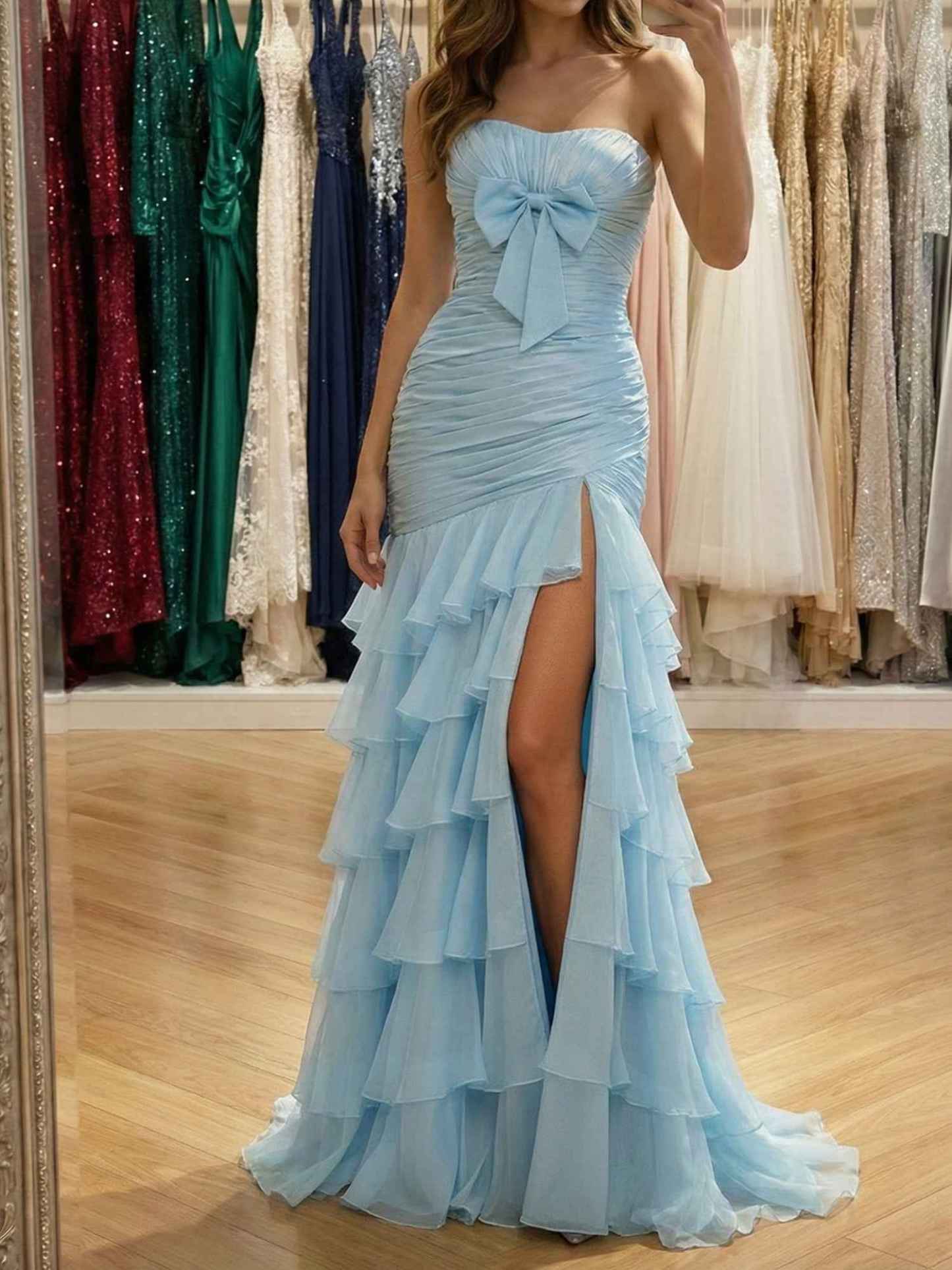 Light Blue Strapless Ruffle Mermaid Long Prom Dress with Bow