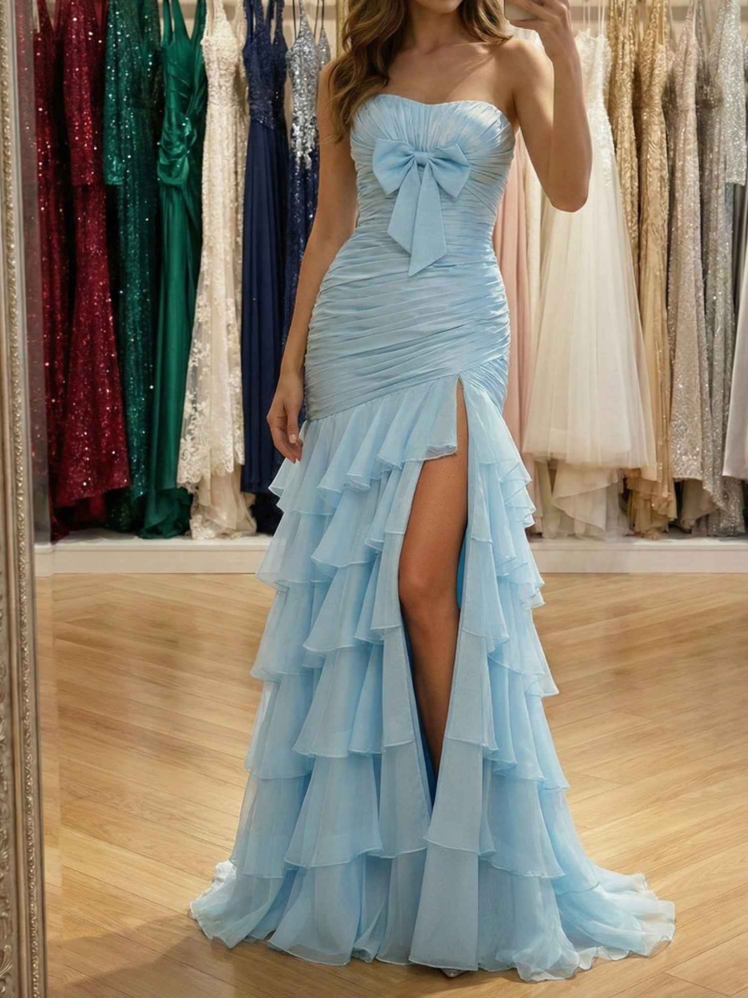 Light Blue Strapless Ruffle Mermaid Long Prom Dress with Bow