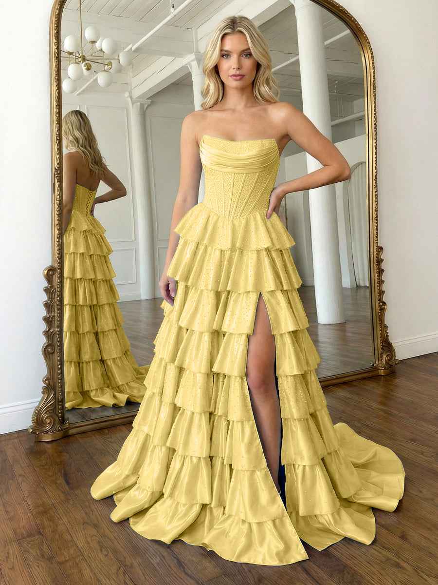 Light Blue Sequins Strapless Tiered Long Prom Dress with Slit