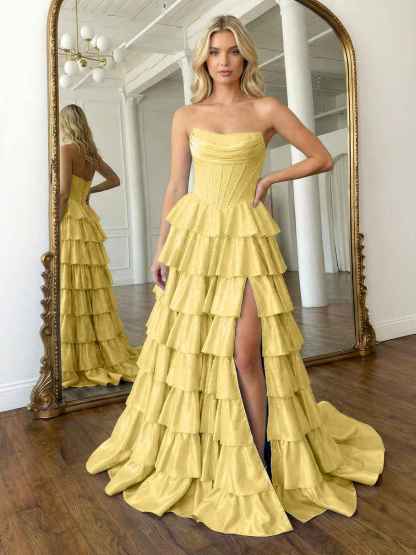 Light Blue Sequins Strapless Tiered Long Prom Dress with Slit