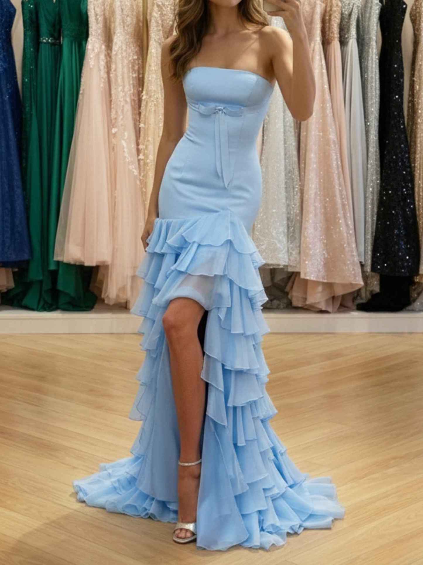 Light Blue Strapless Tiered Ruffle Long Prom Dress with Bow
