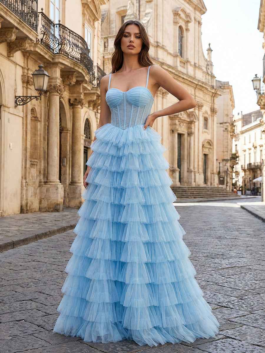 Light Blue Sweetheart A Line Tiered Tulle Corset Prom Dress