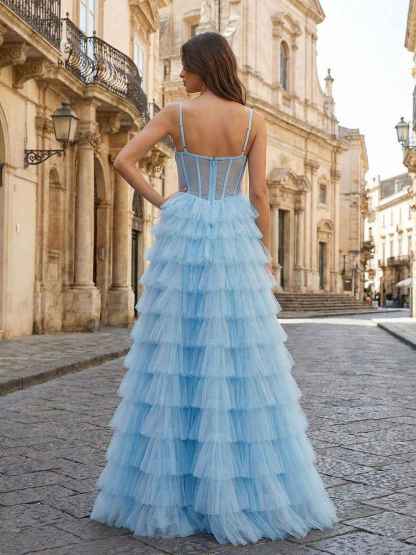Light Blue Sweetheart A Line Tiered Tulle Corset Prom Dress