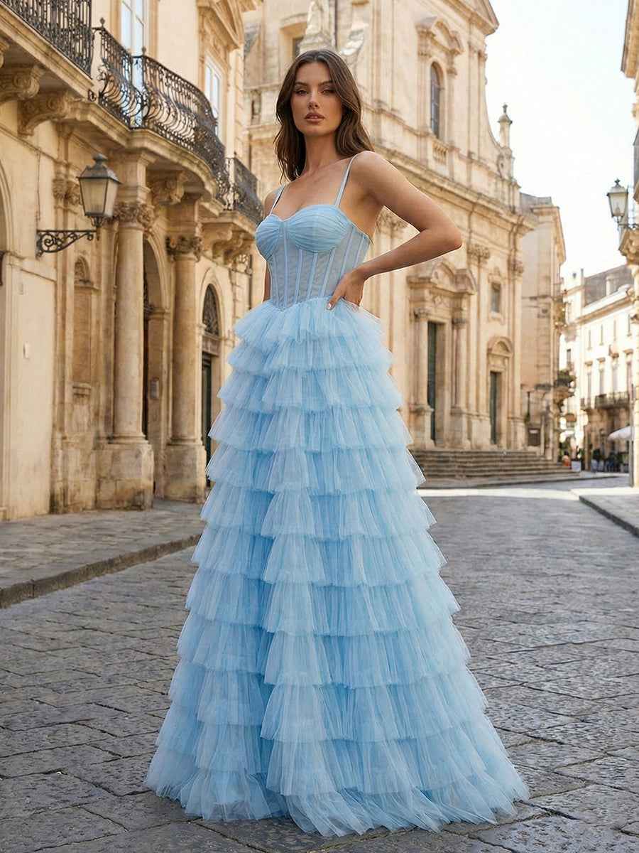 Light Blue Sweetheart A Line Tiered Tulle Corset Prom Dress