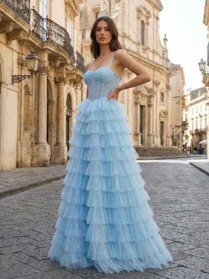 Light Blue Sweetheart A Line Tiered Tulle Corset Prom Dress