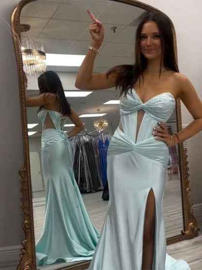 Aqua Mermaid Strapless Sweetheart Long Prom Dress with Slit