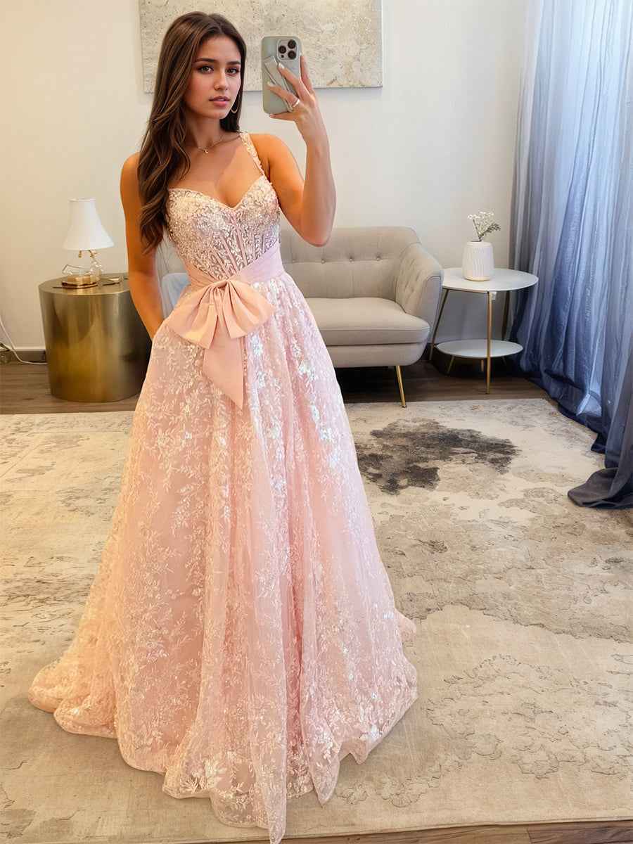 Light Pink A Line Sequin Long Prom Dress with Bow