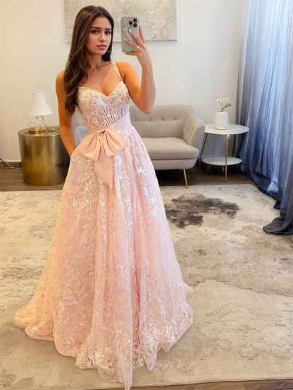 Light Pink A Line Sequin Long Prom Dress with Bow