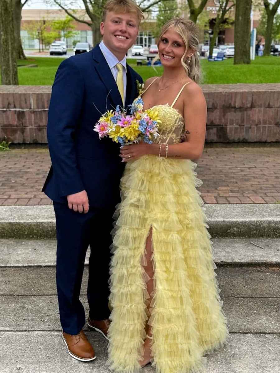 Light Yellow Tiered Ruffled Tulle Long Prom Dress