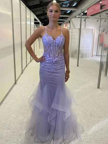 Lilac Mermaid Spaghetti Straps Ruffles Long Prom Dress with Appliques