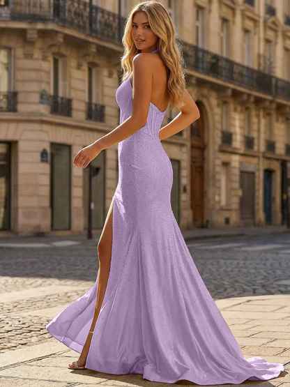 Yellow Beaded Halter Corset Prom Dress with High Slit