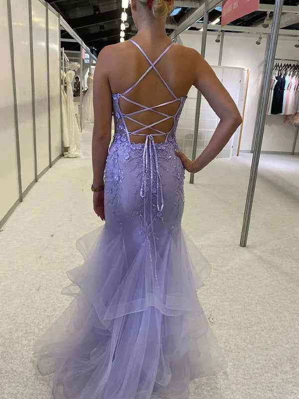 Lilac Mermaid Spaghetti Straps Ruffles Long Prom Dress with Appliques