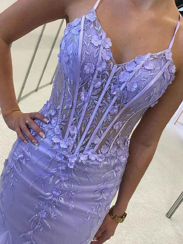 Lilac Mermaid Spaghetti Straps Ruffles Long Prom Dress with Appliques
