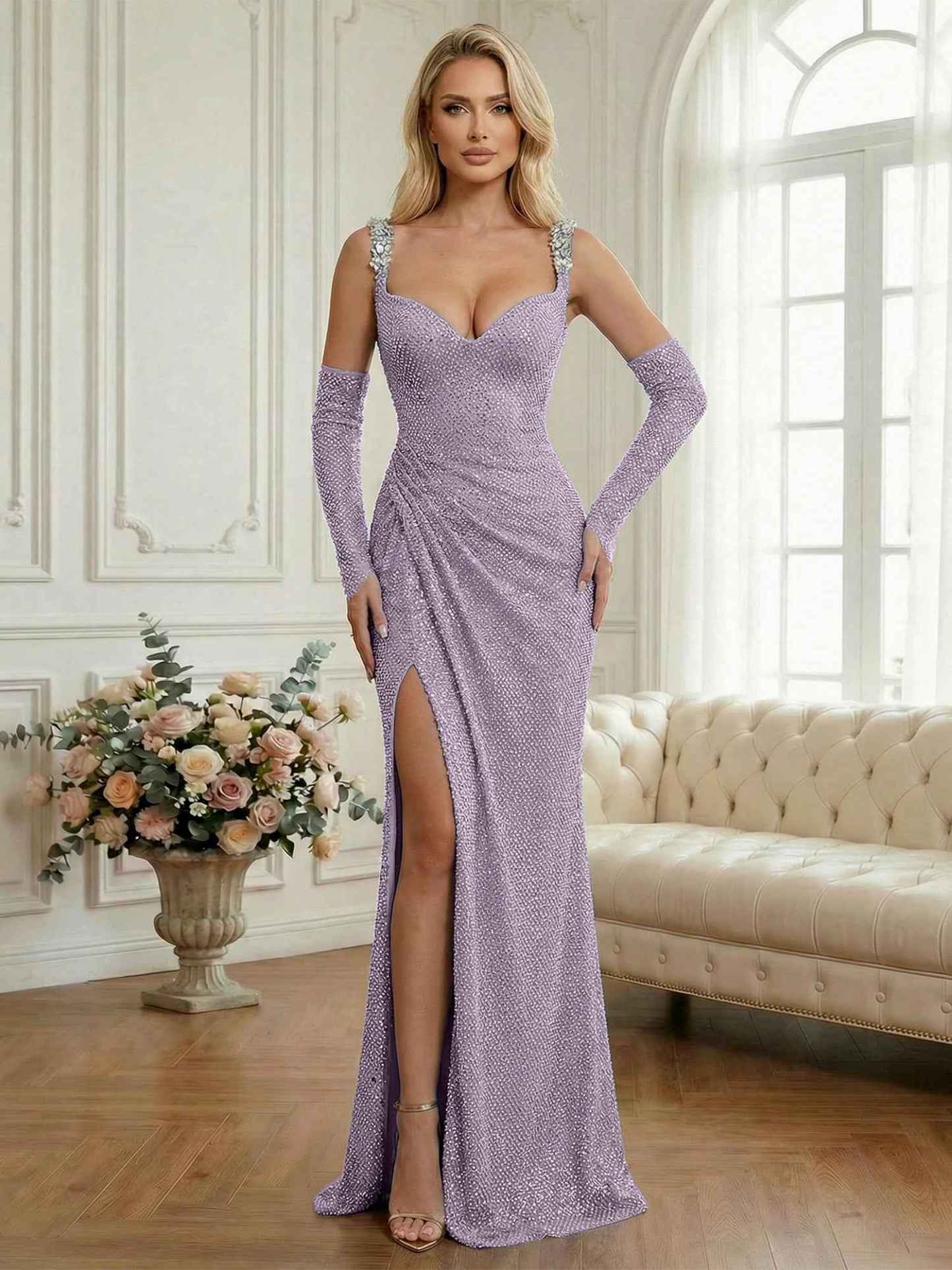 Light Blue Sequin Mermaid Matching Opera Gloves Long Prom Dress with Slit