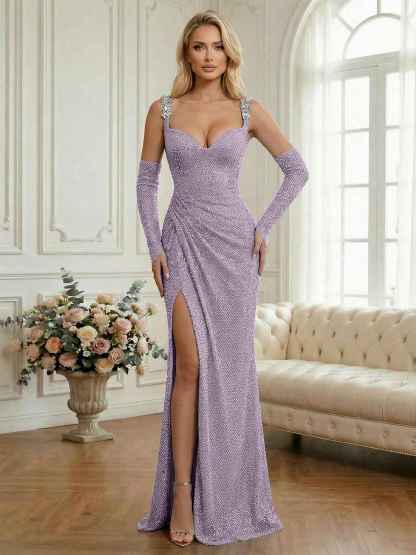 Light Blue Sequin Mermaid Matching Opera Gloves Long Prom Dress with Slit