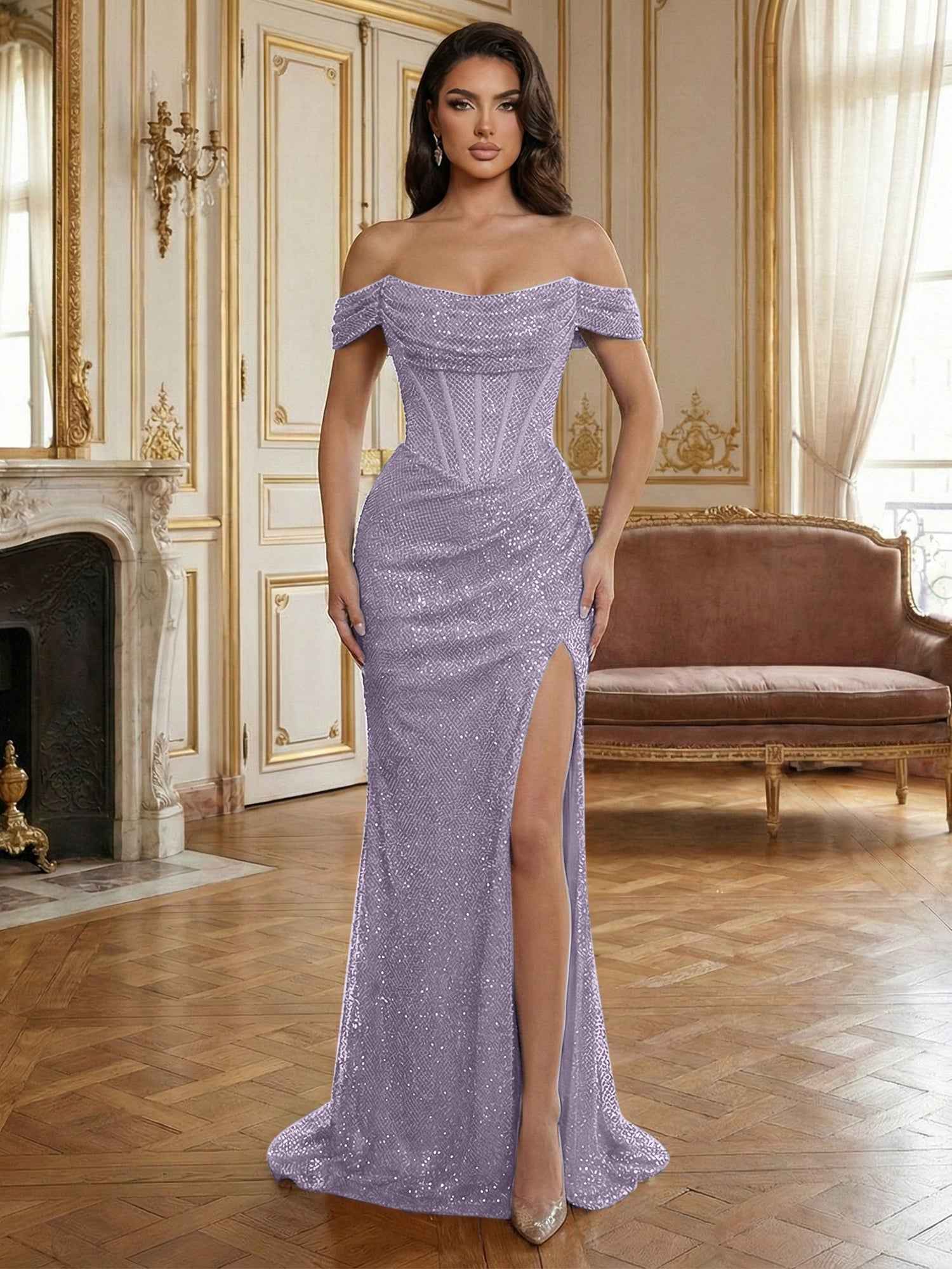 Sequin Off-the-Shoulder Corset Bodice Long Prom Dress with Slit