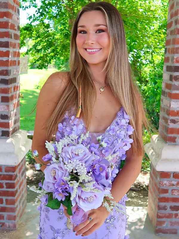 Purple Mermaid Spaghetti Straps Long Prom Dress with Appliques