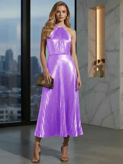 Luxurious Champagne-Gold Pleated Halter Midi Prom Dress