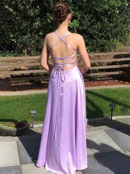Lilac A-Line Spaghetti Strap Lace-up Back Satin Prom Dress
