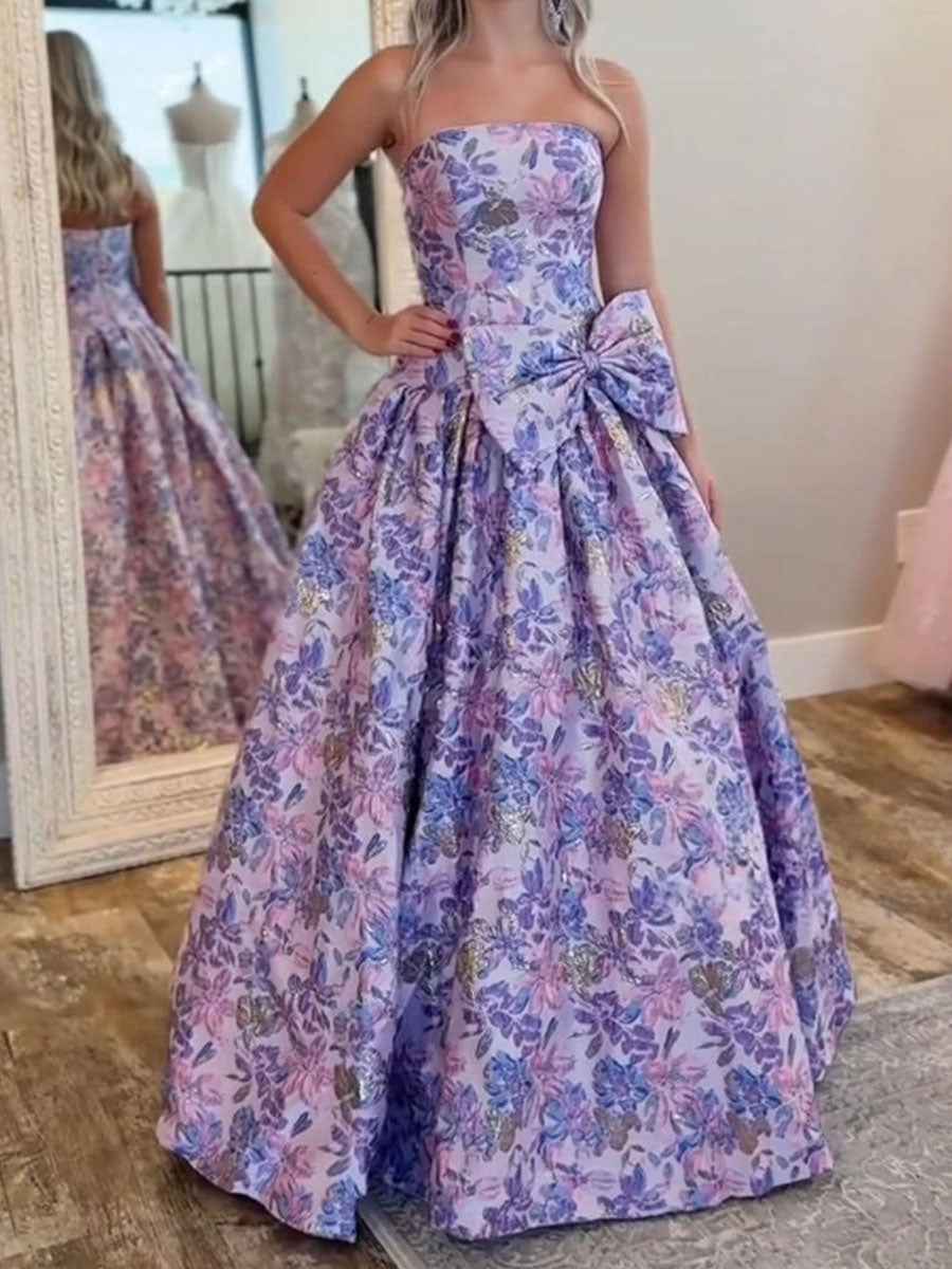 Lilac Floral A Line Strapless Long Prom Dress with Bow