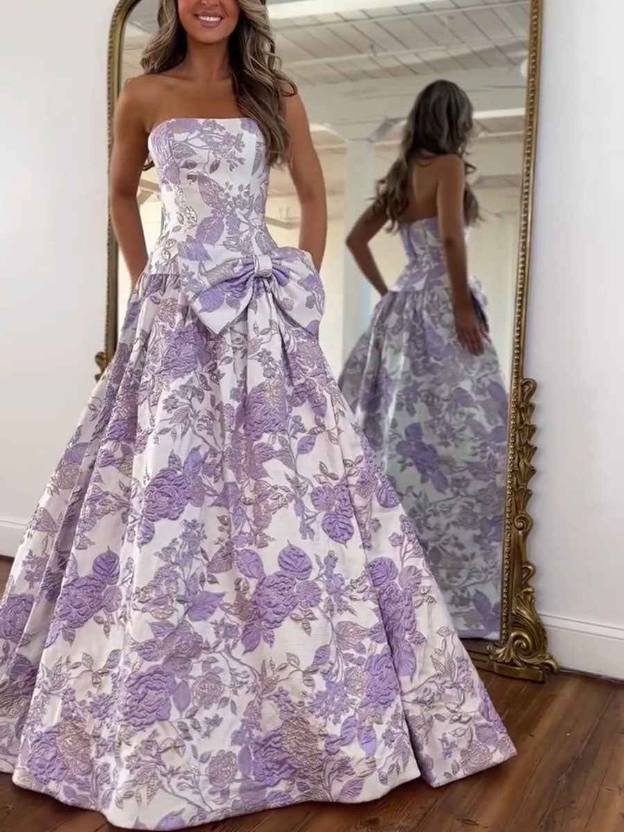 Lilac Floral A Line Strapless Long Prom Dress with Bow