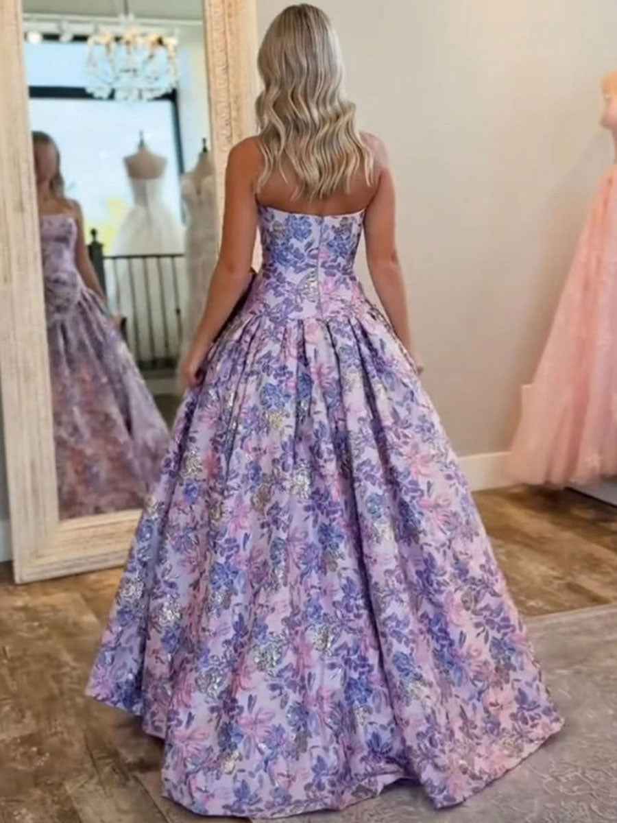 Lilac Floral A Line Strapless Long Prom Dress with Bow