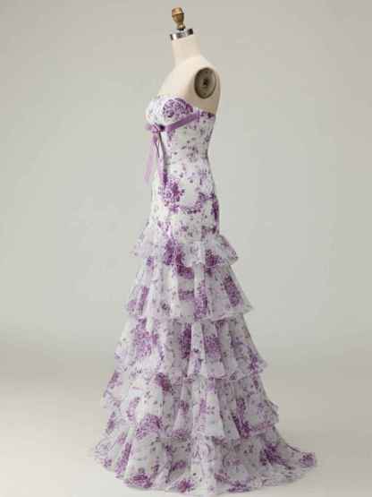 Pink Mermaid Flower Strapless Corset Tiered Tulle Long Prom Dress