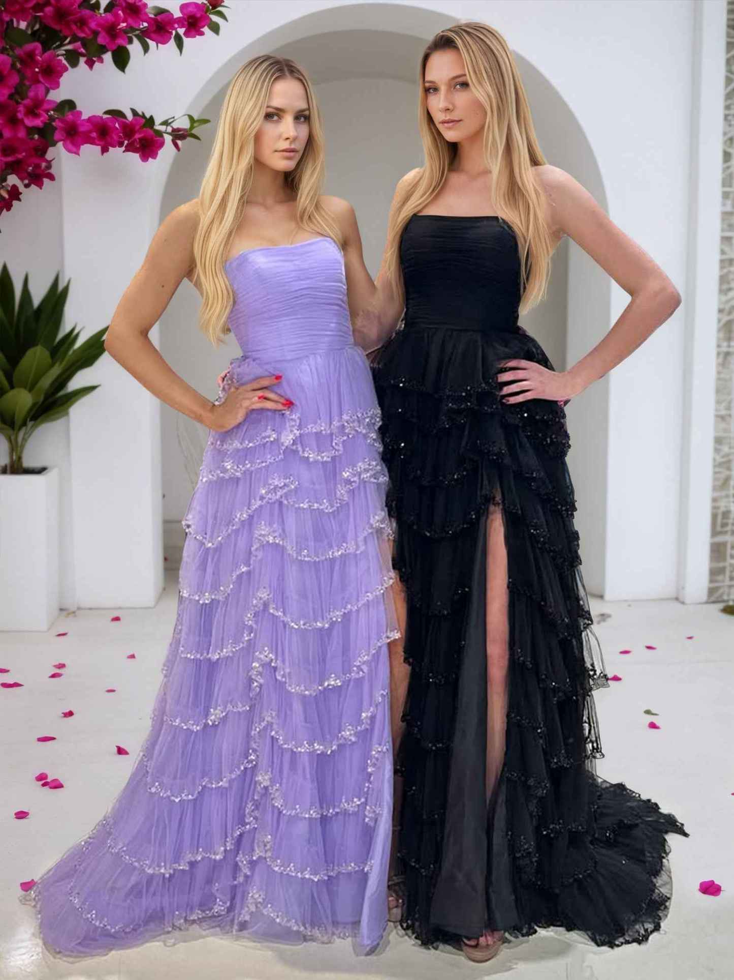 Lilac Strapless Sequin-Trimmed Tiered Ruffles Tulle Prom Dress with Slit