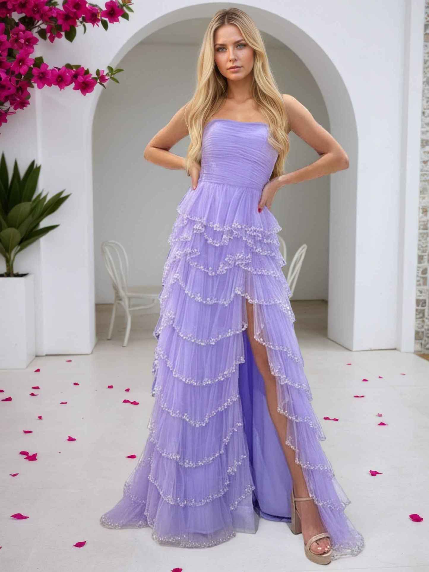 Lilac Strapless Sequin-Trimmed Tiered Ruffles Tulle Prom Dress with Slit