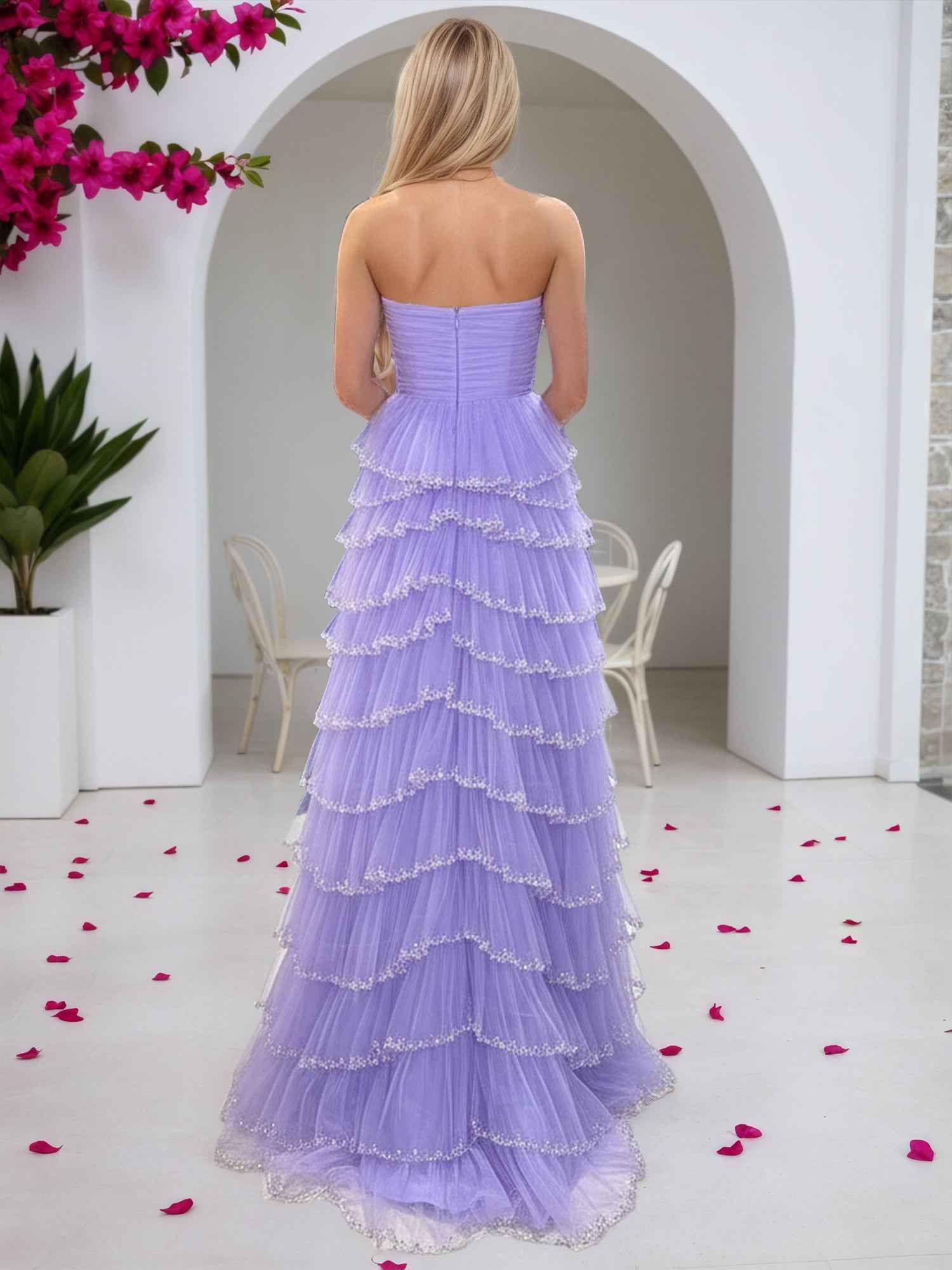 Lilac Strapless Sequin-Trimmed Tiered Ruffles Tulle Prom Dress with Slit