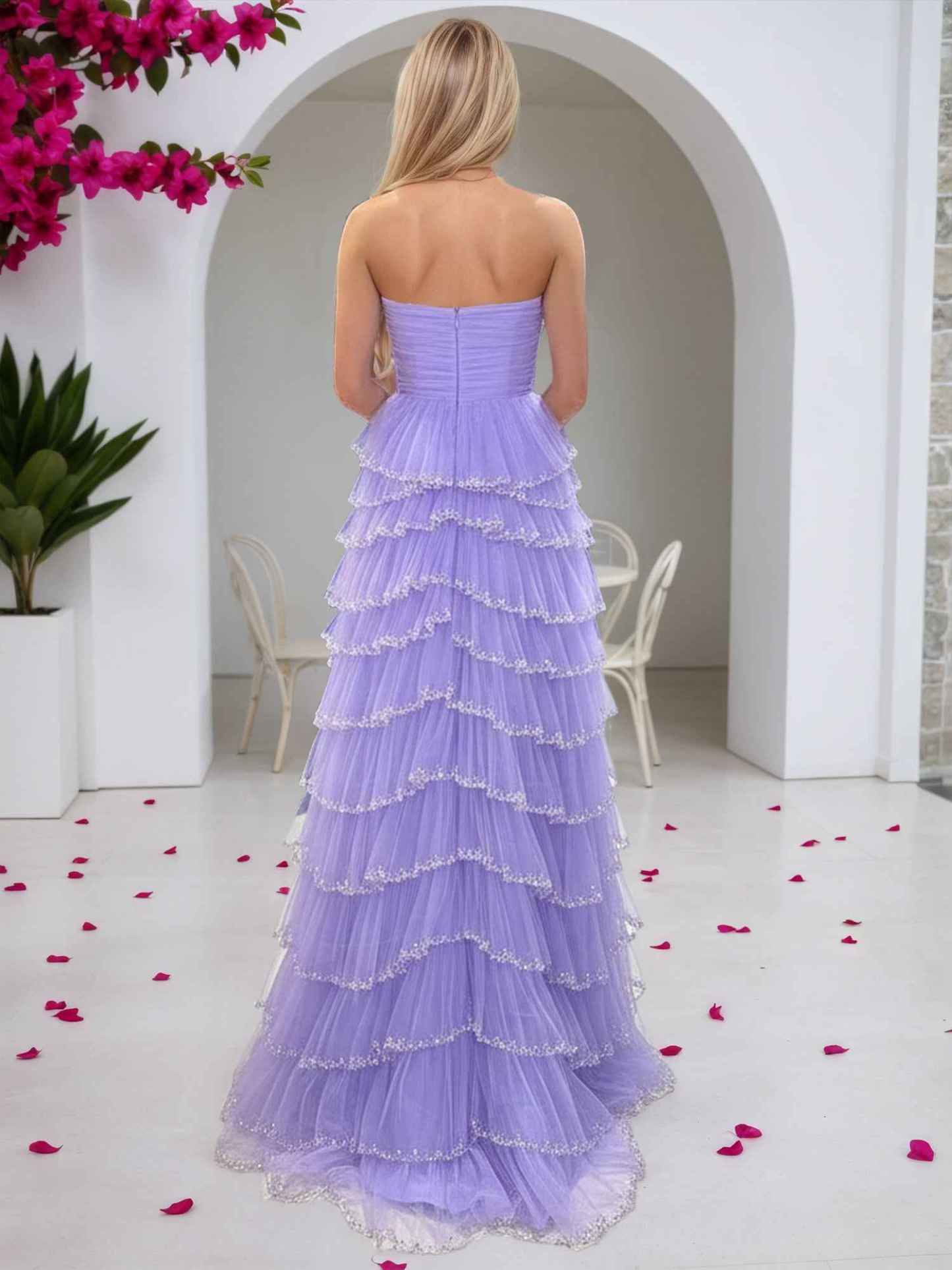 Lilac Strapless Sequin-Trimmed Tiered Ruffles Tulle Prom Dress with Slit