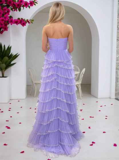 Lilac Strapless Sequin-Trimmed Tiered Ruffles Tulle Prom Dress with Slit
